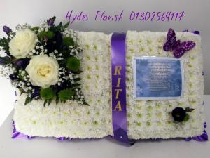 open book funeral flowers with photo